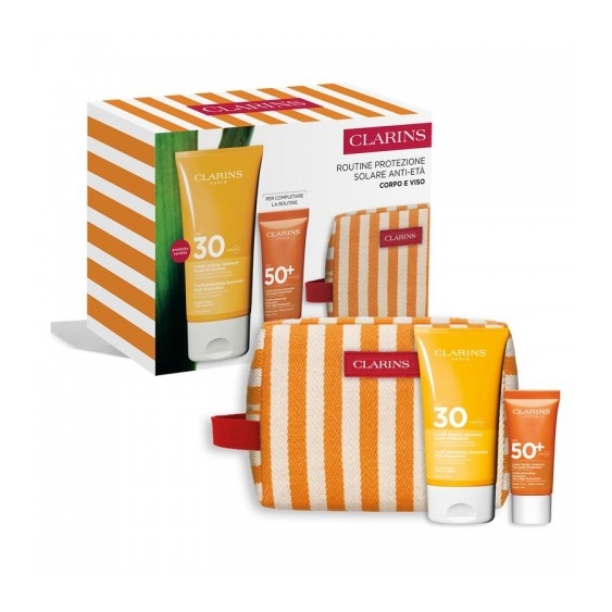 Clarins Routine Protezione Solare Anti-Età Corpo E Viso - Crema Solare Corpo Spf30 150 ml + Viso Spf50+ 50 ml + Pochette