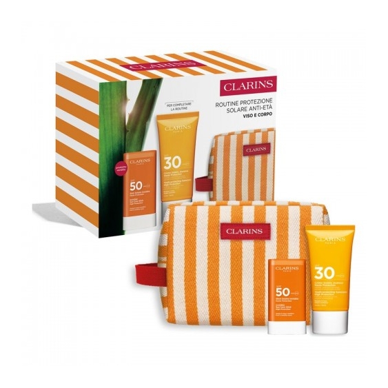 Clarins Routine Protezione Solare Anti-Età Corpo E Viso - Crema Solare Corpo Spf30 75 ml + Stick solare Spf50 + Pochette