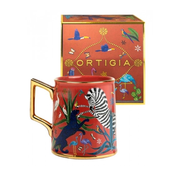 Ortigia Tazza Jungle Corallo - Tazza in ceramica pregiata decorata a mano