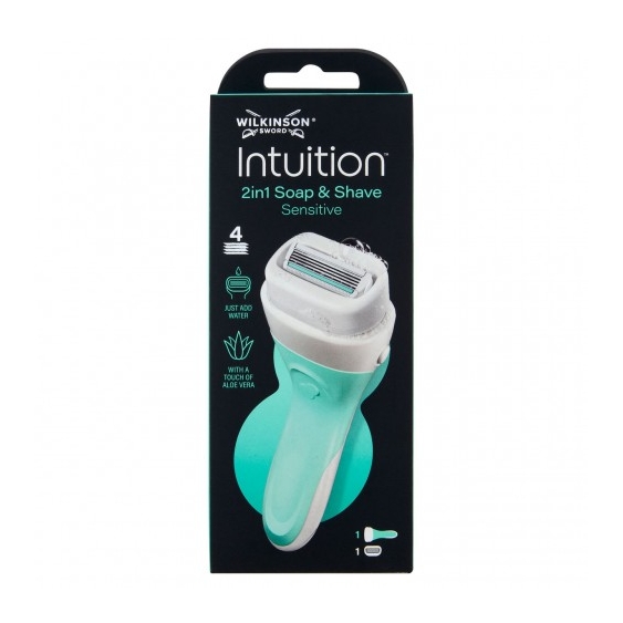 Wilkinson Intuition 2in1 Soap & Shave Sensitive - Rasoio con saponetta vegana integrata a 4 lame