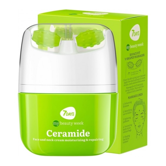 7Days Ceramide - Crema Viso e Collo Coreana Antirughe alle Ceramidi con Acido Ialuronico e Rullo Massaggiante 40 ml