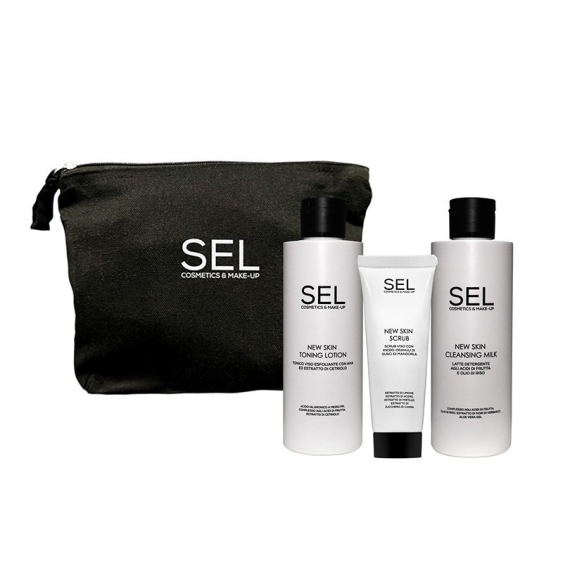 SEL Set Skincare Viso - Latte Detergente 200 ml + Tonico Esfoliante 200ml + Scrub Rigenerante 50 ml + Pochette
