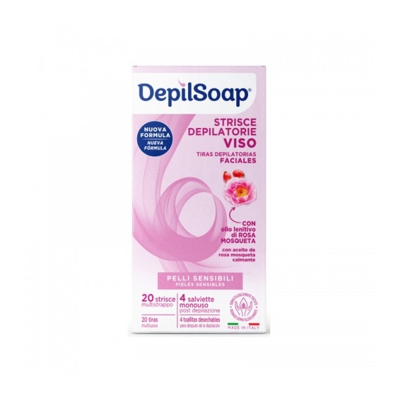 Depilsoap Pelli Sensibili 20 Strisce Depilatorie Viso +  4 Salviette Monouso