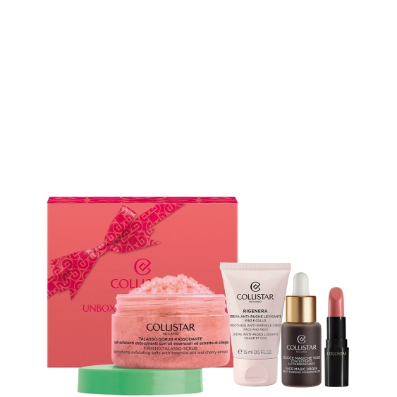 Collistar Icons Kit - Rossetto N. 102 + Gocce Magiche Viso 10 ml + Crema Anti-Rughe 15 ml + Scrub 70 Gr