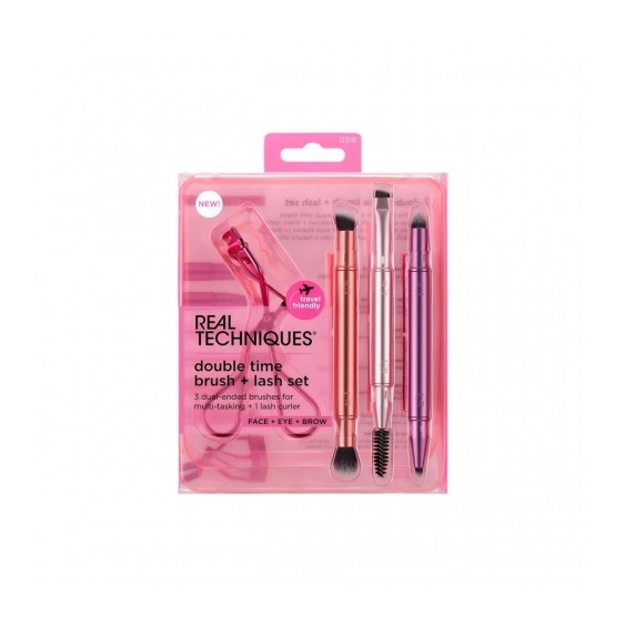 Real Techniques Double Time Brush + Lash Set - Piegaciglia + 3 Pennelli da Trucco a Doppia EstremitÃ 
