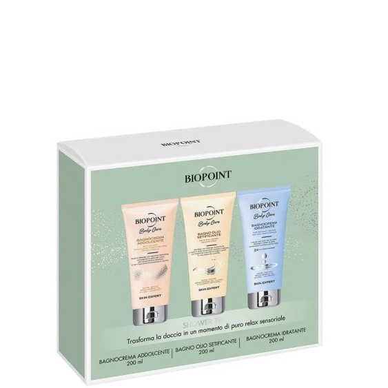 Biopoint Shower Treat - Bagnocrema addolcente 200 ml + Bagno olio setificante 200 ml + Bagnocrema idratante 200 ml